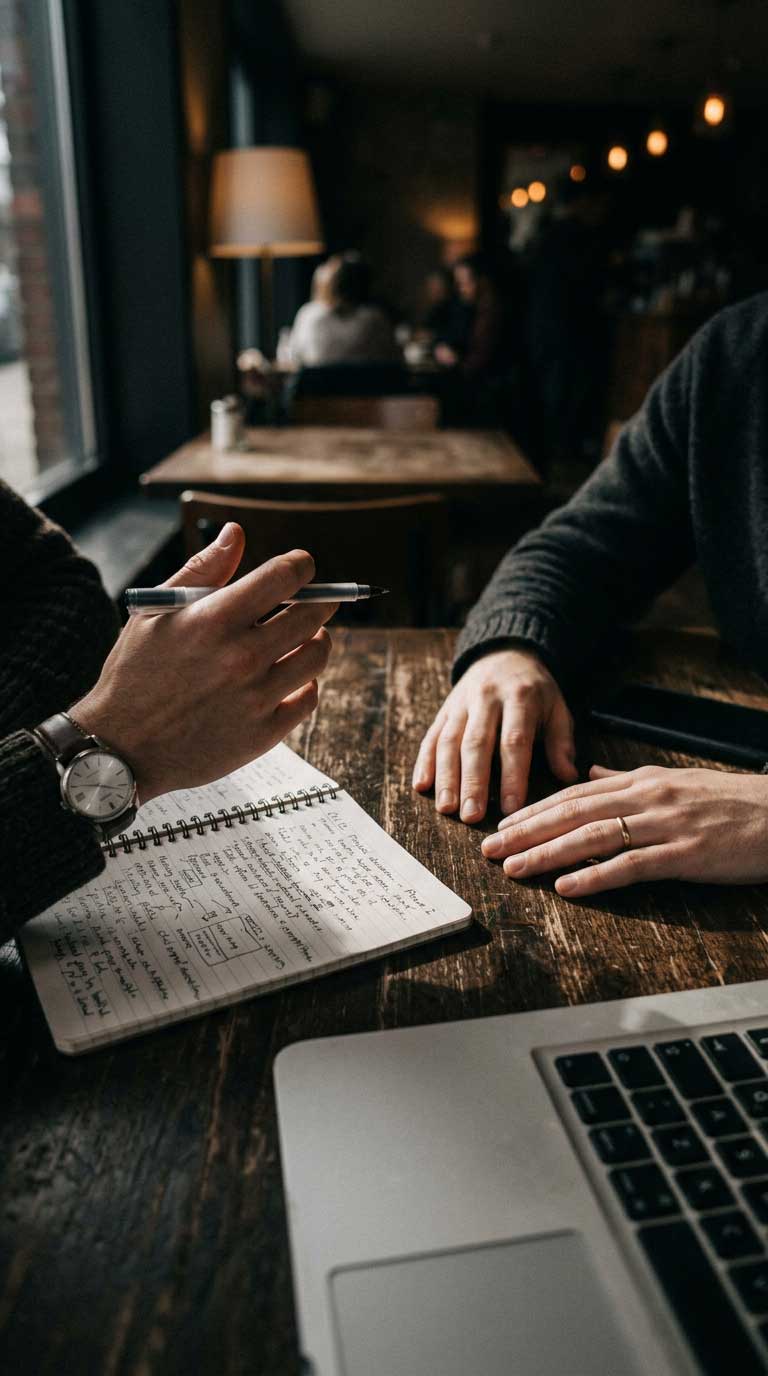 Two people working at a wooden café table with a handwritten notebook and a laptop